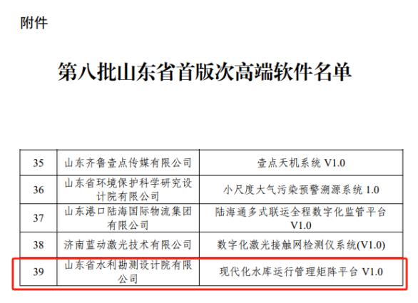 山東水設現(xiàn)代化水庫運行管理矩陣平臺被認定為首版次高端軟件產品